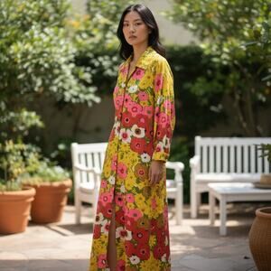 True Vintage 70s Mr Jac Long Maxi Dress 16 Retro Flower Floral Colorful Button